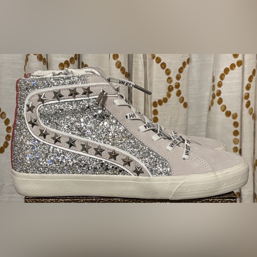 VINTAGE HAVANA Womens Hailey Glitter High Lace Up Sneakers Shoes Casual - Silver